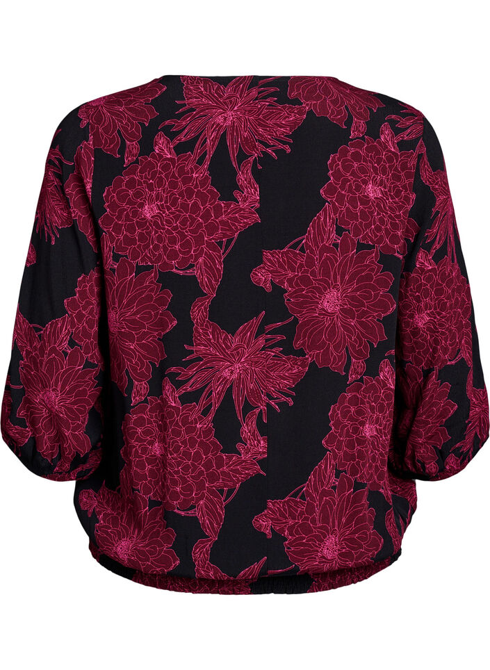 Viscose blouse with flower print and smocking, Dark Bordeaux, Packshot image number 1