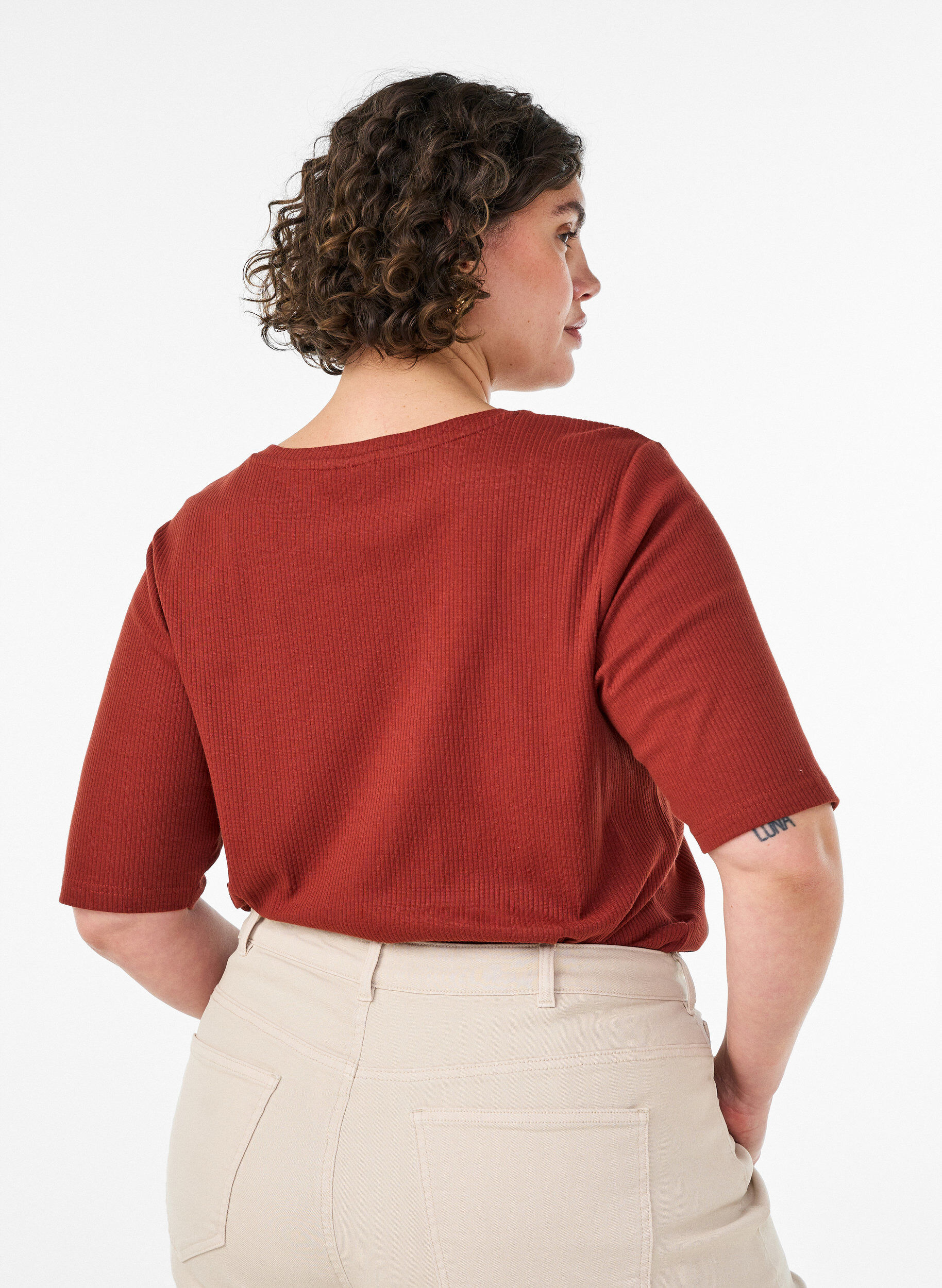 ZizzifashionRibbed jersey blouse with short sleeves, Red, Model image number 2