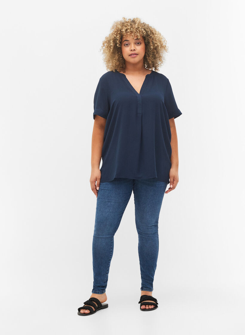 Short-sleeved v-neck blouse, Blue, Model image number 1