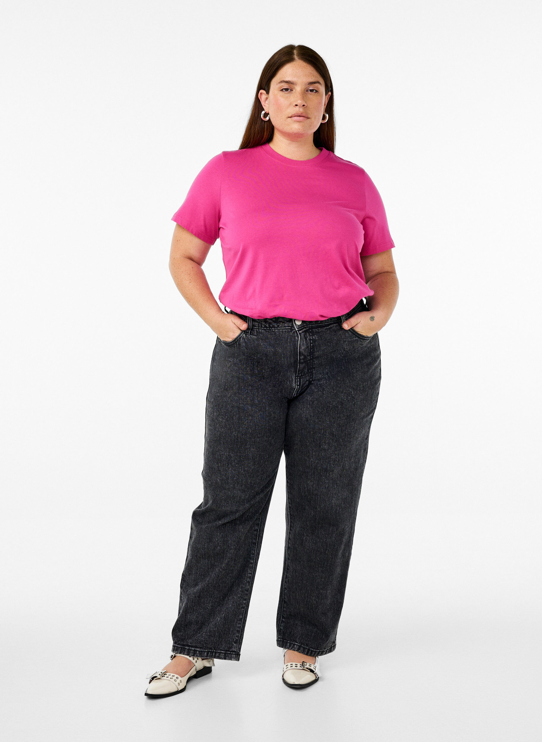 ZizzifashionBasic cotton T-shirt with round neck, Rose, Model image number 1
