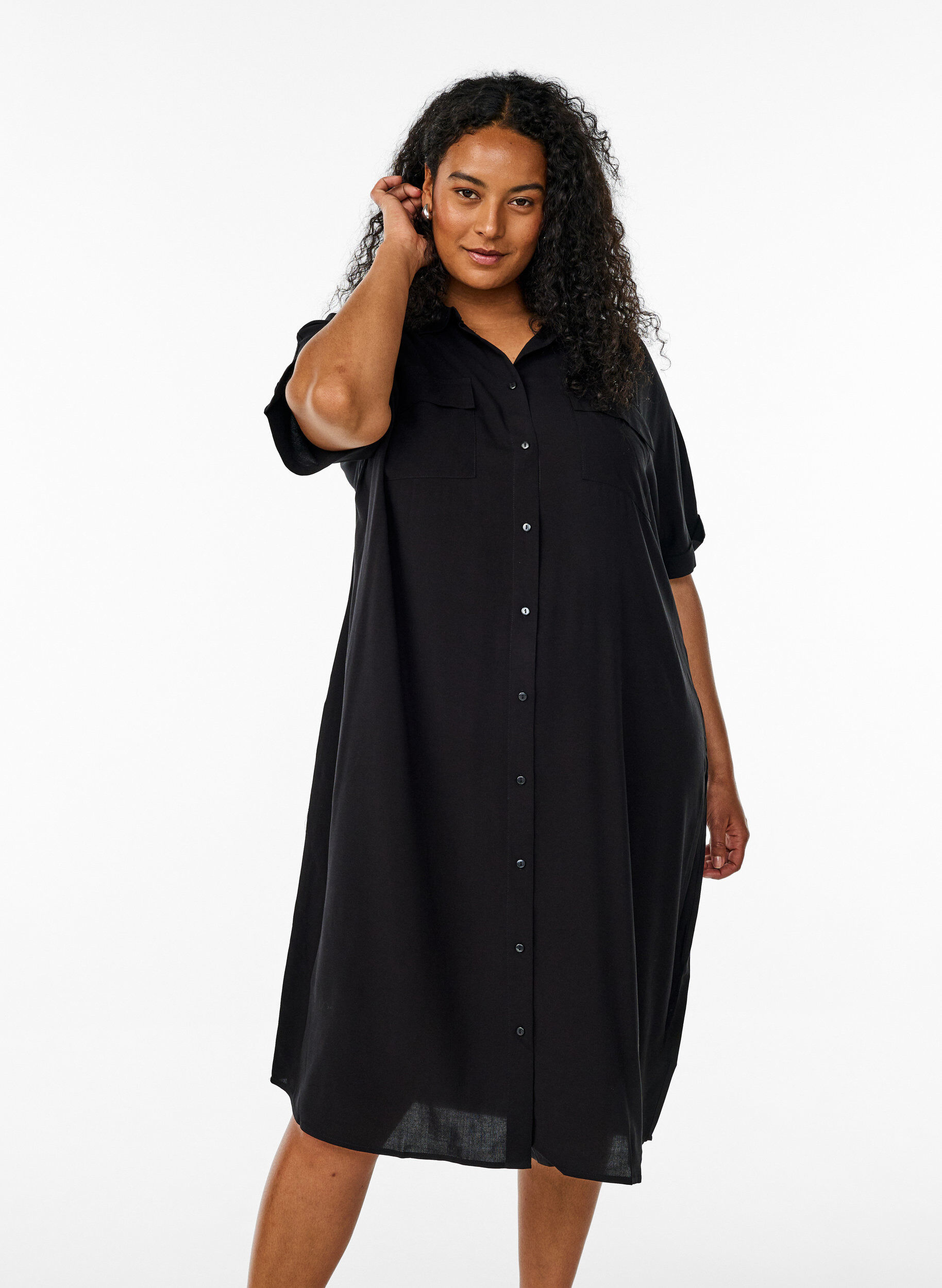 Zizzifashion FLASH - Long shirt dress with short sleeves, Black, Model image number 0