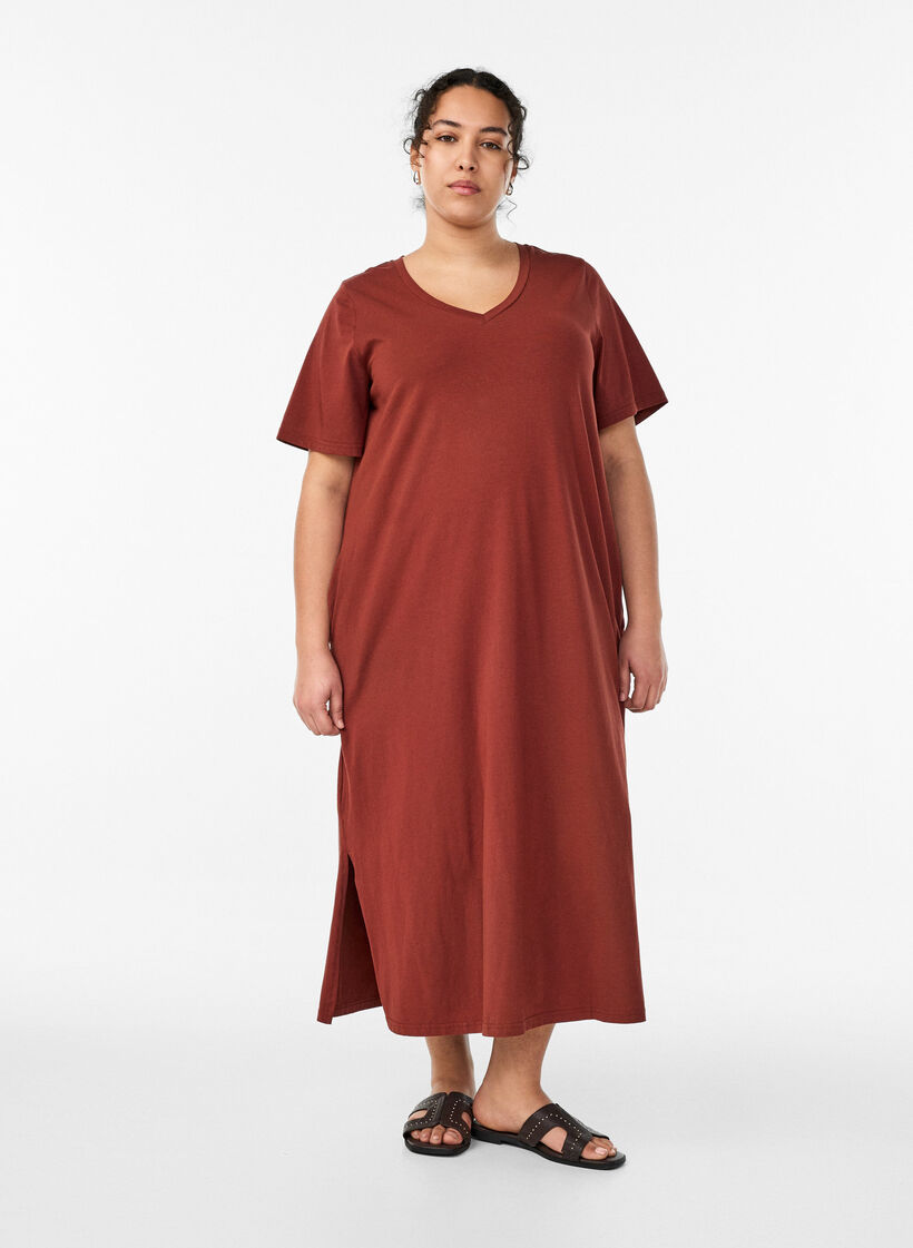 Midi T-shirt dress with a V-neck, Red, Model image number 0