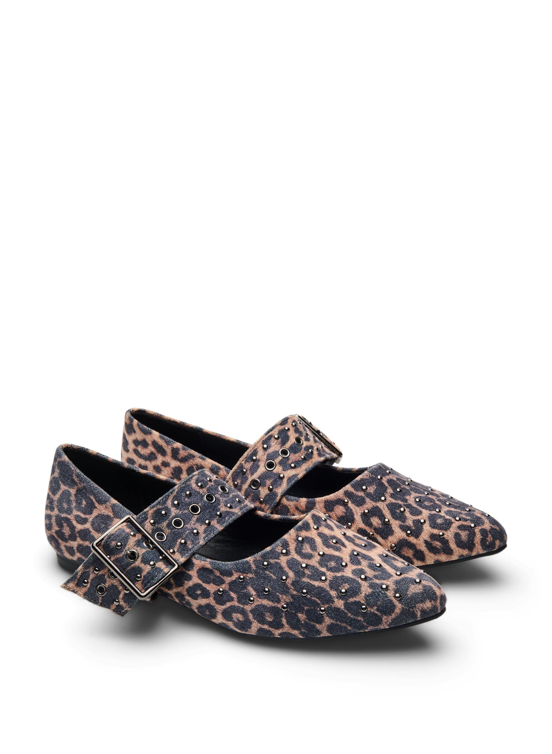 Zizzifashion Wide fit - Leopard print ballerina with buckle and studs, Brown, Packshot image number 1