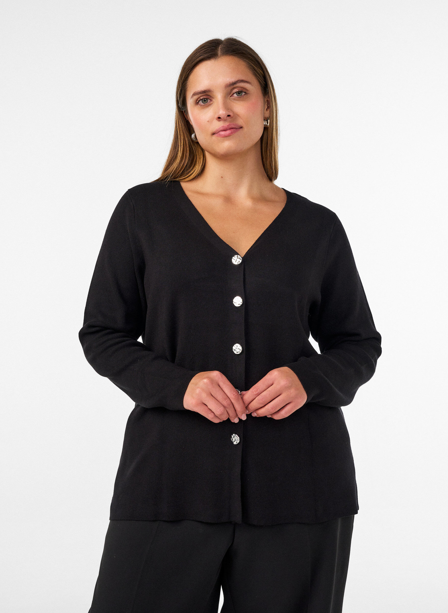 ZizzifashionFine-knit cardigan with decorative buttons, Black, Model image number 0