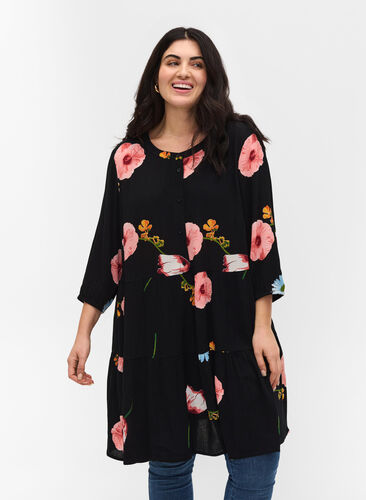 Printed viscose tunic with 3/4 sleeves, Black Big Flower, Model image number 0