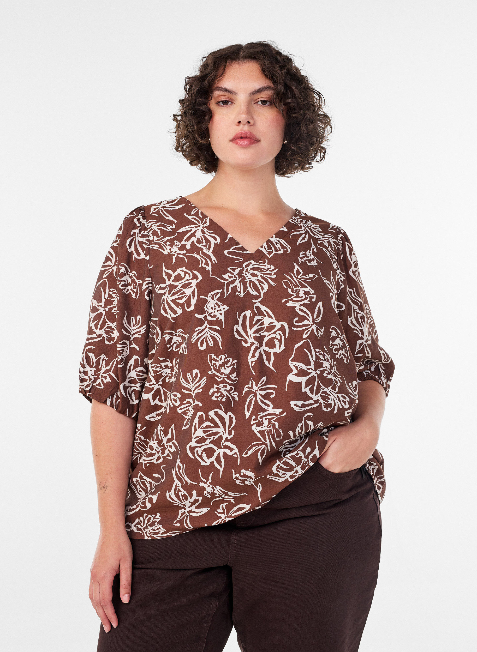 ZizzifashionViscose blouse with V-neck, Brown, Image image number 0