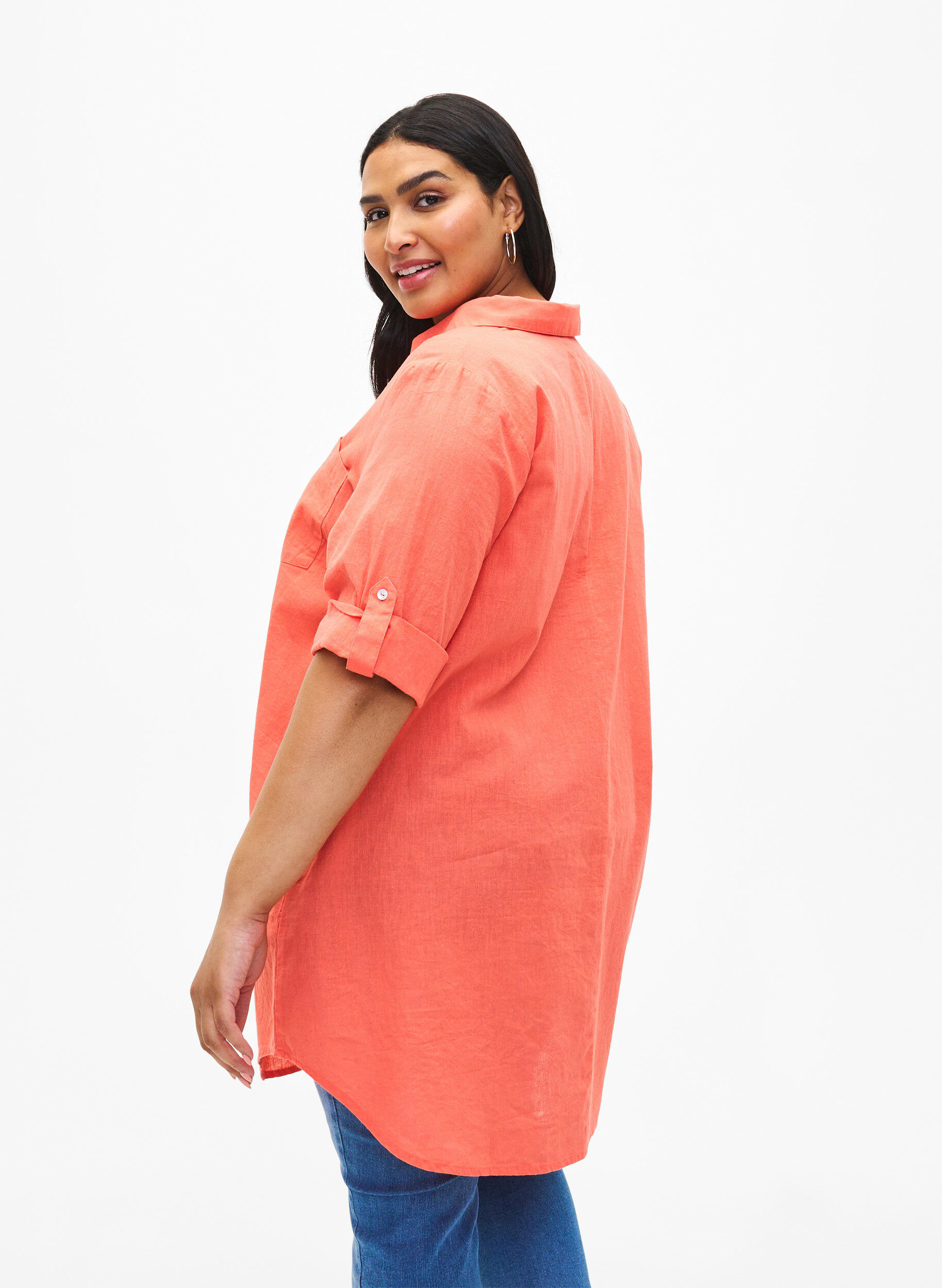 Zizzifashion Short-sleeved cotton blend tunic with linen, Living Coral, Model image number 1
