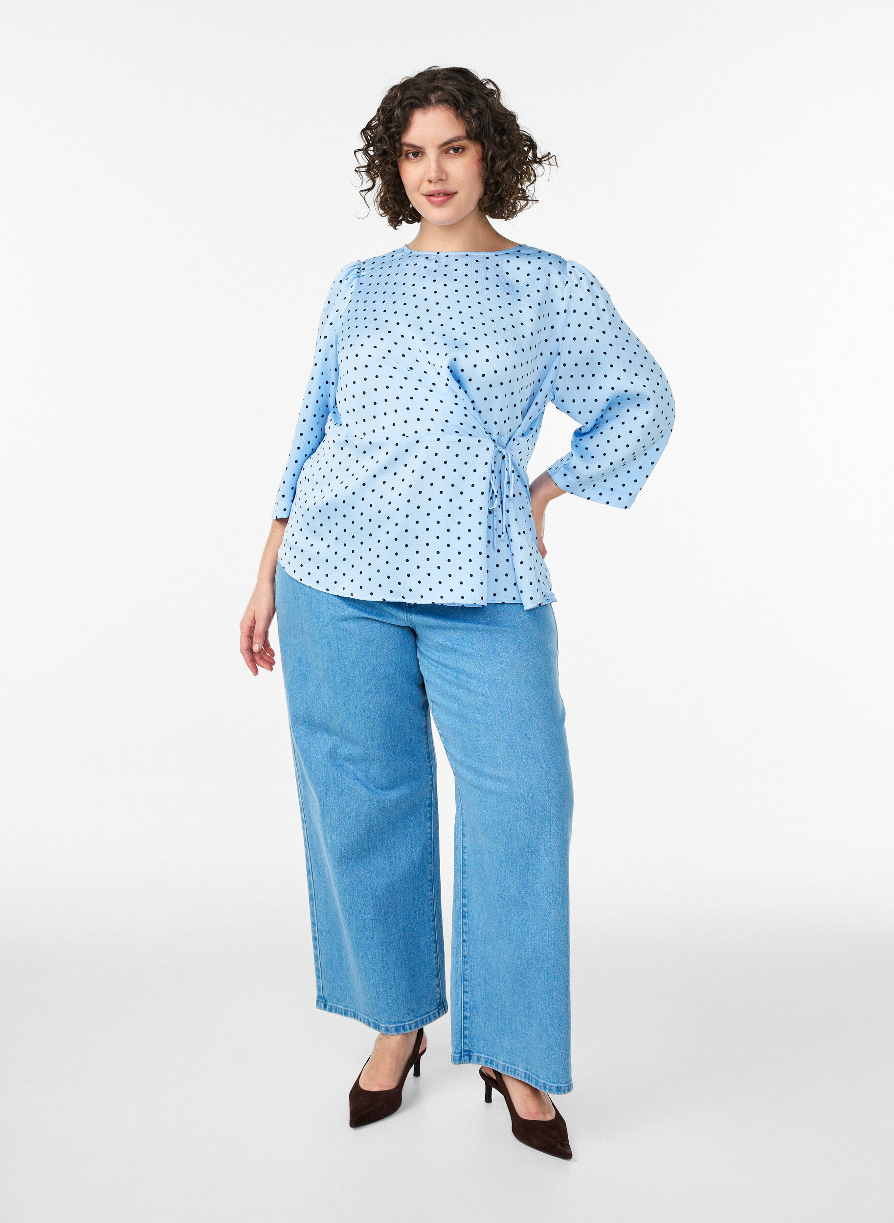 ZizzifashionPolka dot blouse with tie-fastening and 3/4-sleeves, Light Blue, Model image number 1