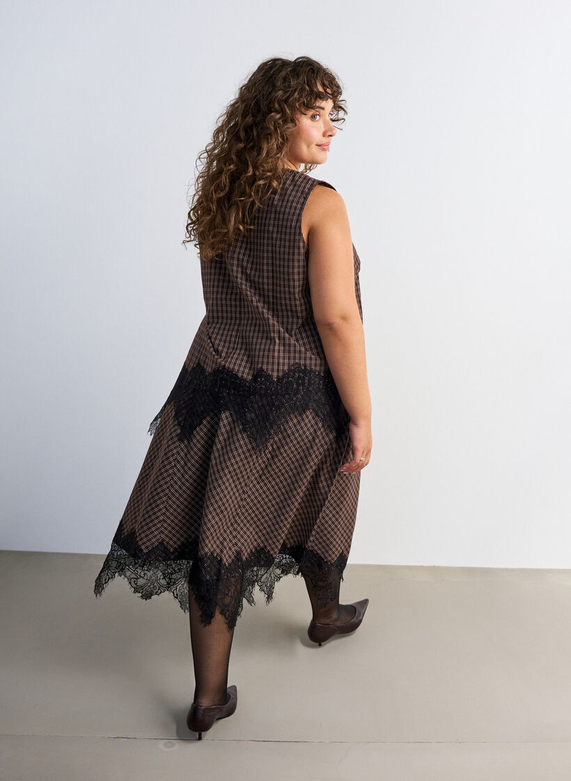 Midi skirt with lace trim and check pattern, Brown, Model image number 1