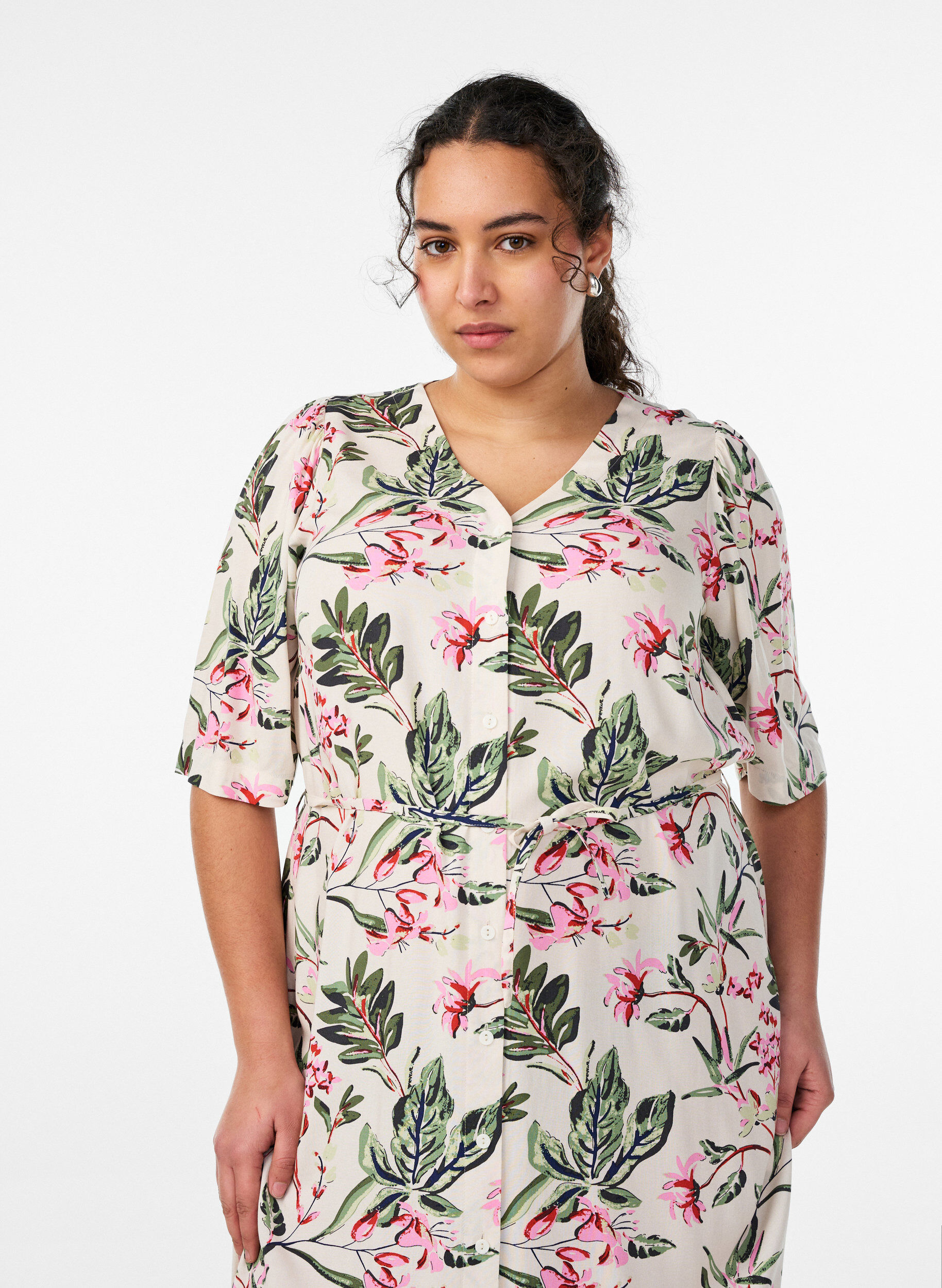 Zizzifashion Midi dress with print and tie belt, Vanilla, Model image number 2
