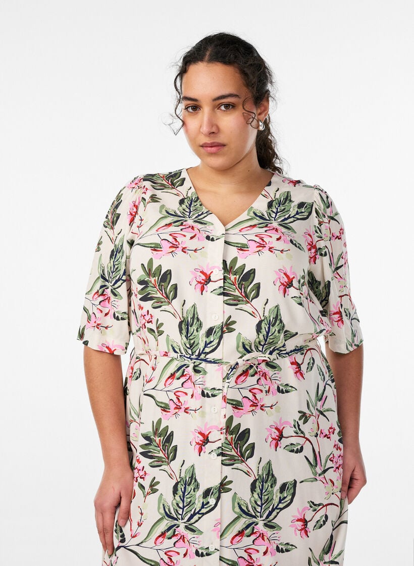 Midi dress with print and tie belt, Vanilla, Model image number 2