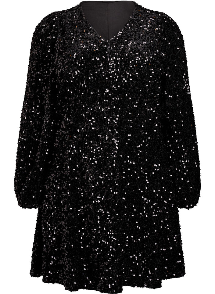 Short A-line sequin dress, Black, Packshot image number 0