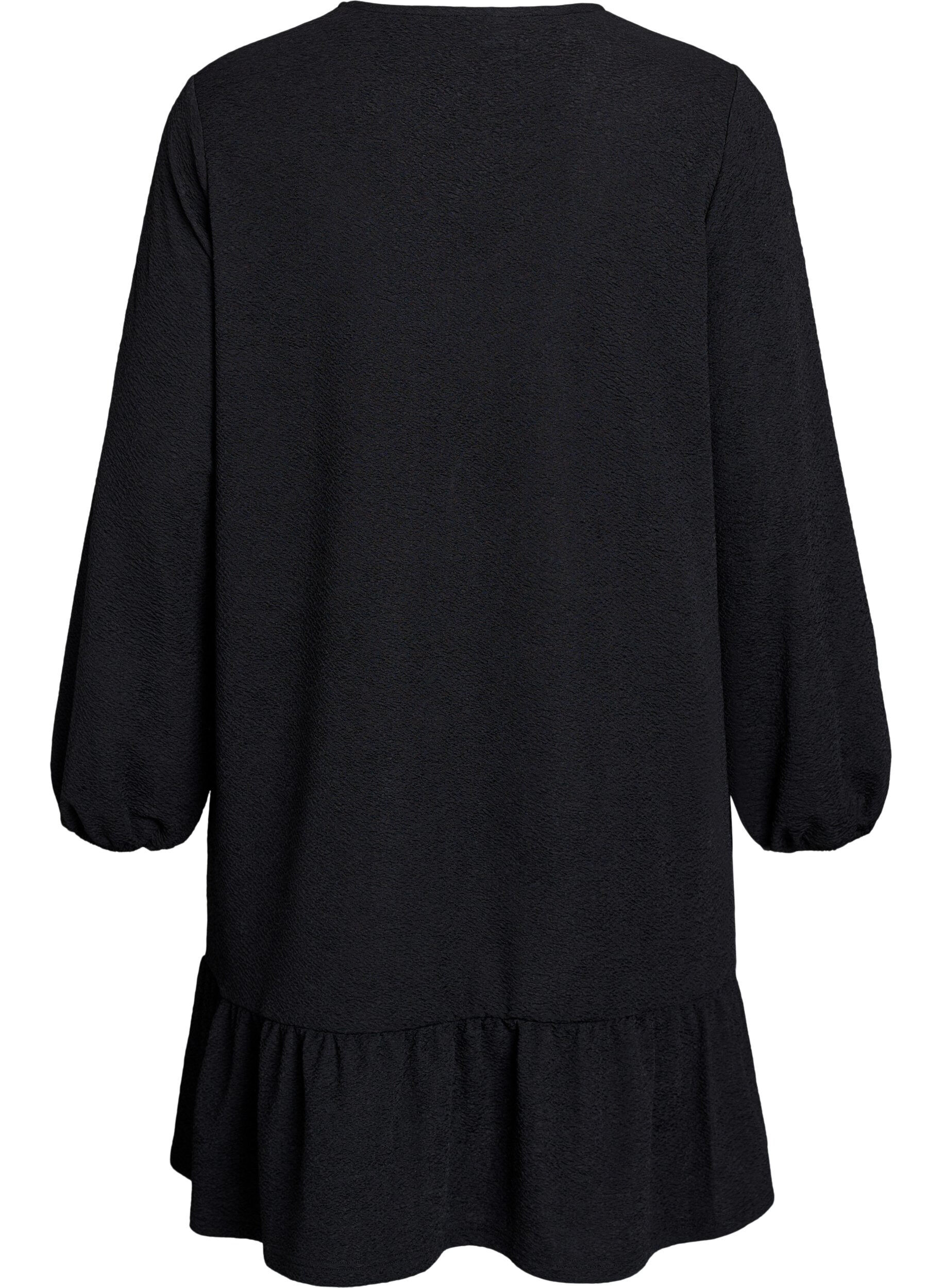 Zizzifashion Short textured dress with a ruffle hem, Black, Packshot image number 1