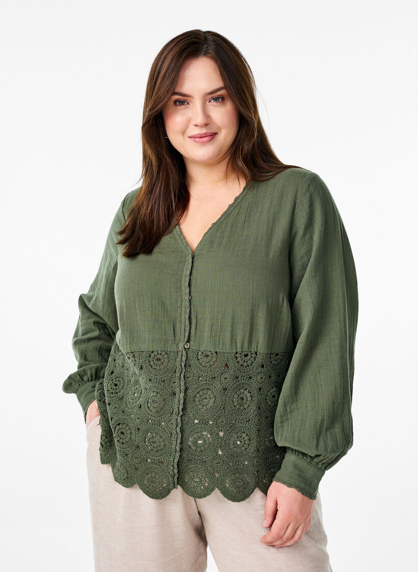 Cotton muslin shirt blouse with crochet details, Green, Model image number 0