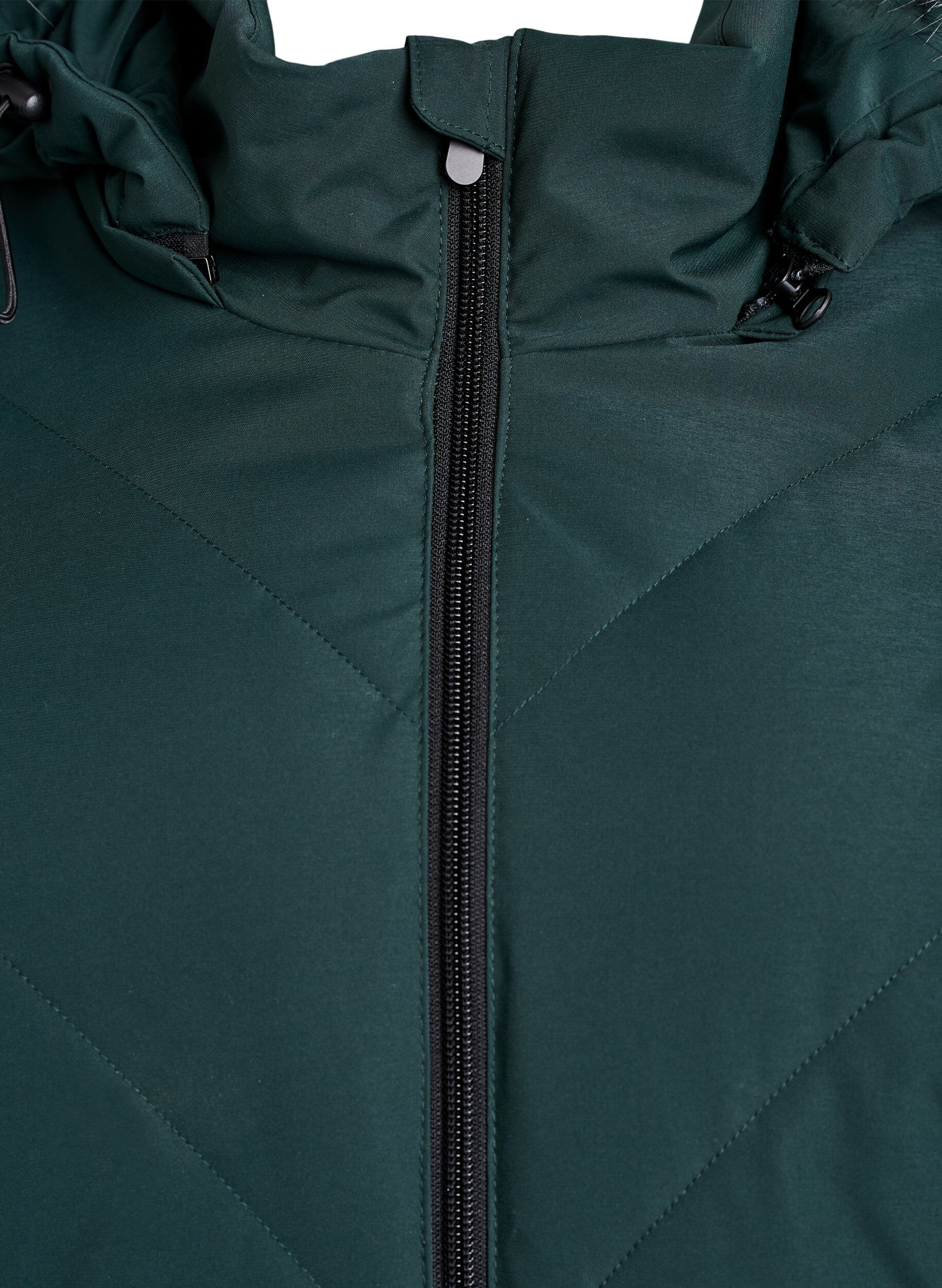 Zizzifashion Long winter coat with hook fastenings and a faux fur collar, Green, Packshot image number 2