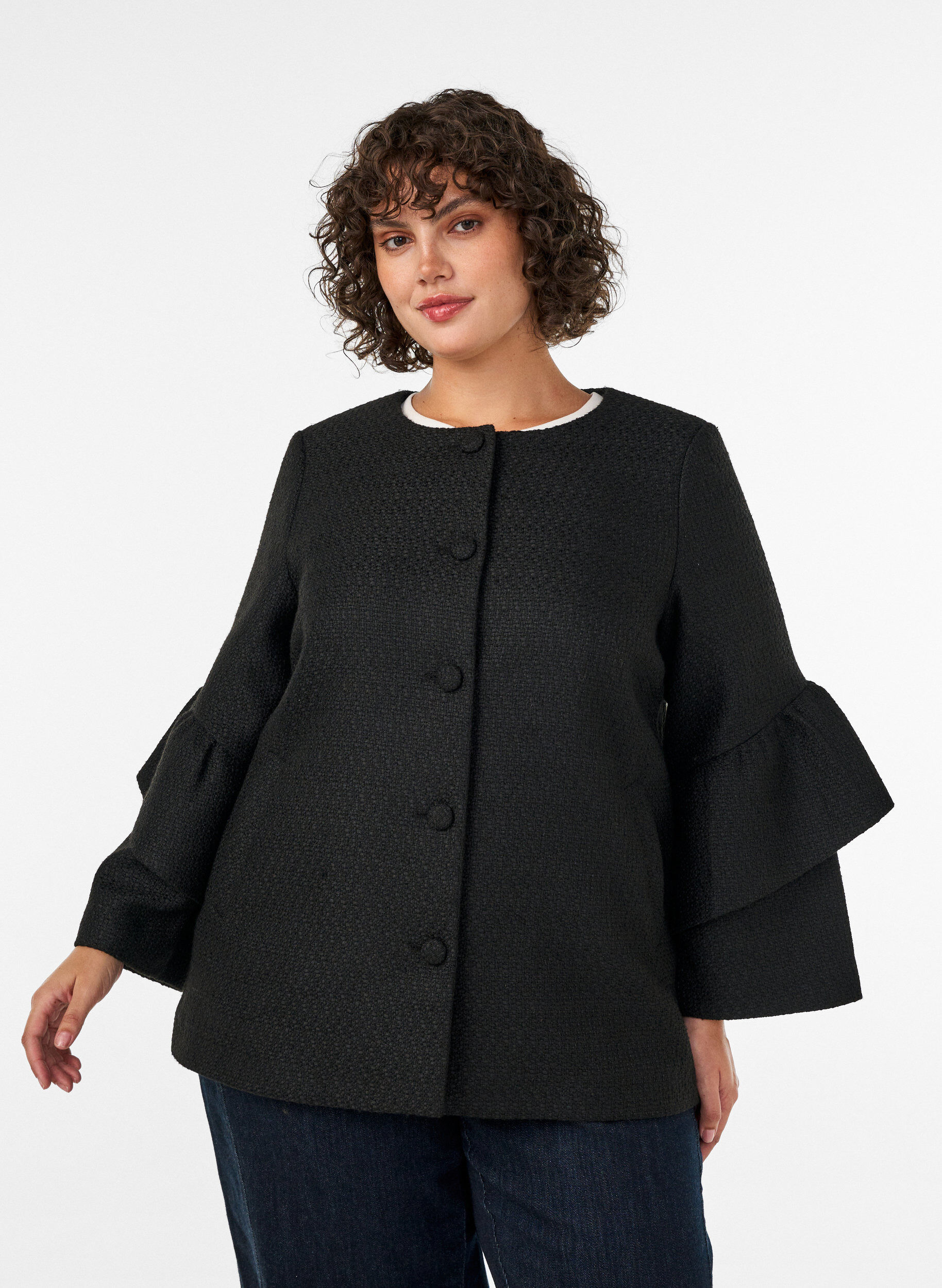ZizzifashionBoucl&eacute; jacket with ruffle details, Black, Model image number 3