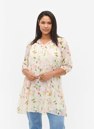 Tunic with floral print and lurex, White/Pink Flower, Model image number 0