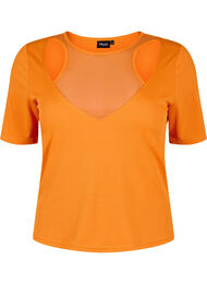 Tight-fitting V-neck blouse with mesh detail, Vibrant Orange, Packshot