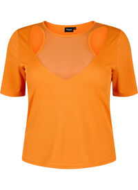 Tight-fitting V-neck blouse with mesh detail