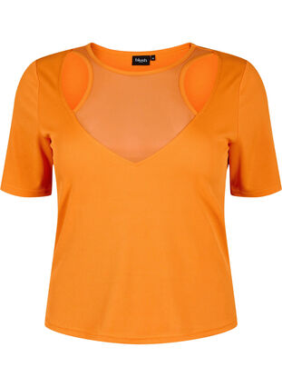 Tight-fitting V-neck blouse with mesh detail, Vibrant Orange, Packshot image number 0