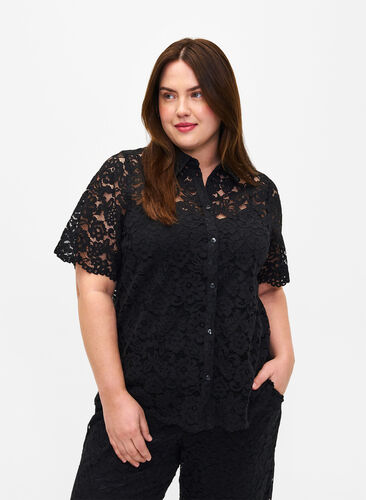 Lace shirt with short sleeves, Black, Model image number 0