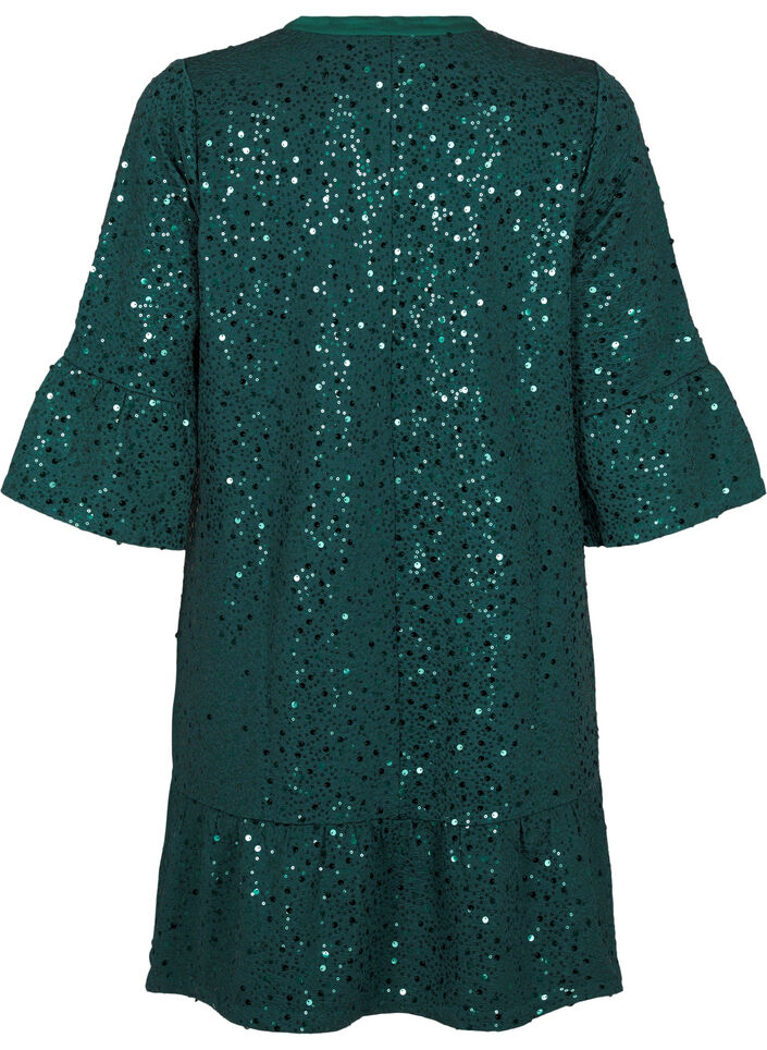 Sequin dress with a V-neck and 3/4 sleeves, Rain Forest, Packshot image number 1
