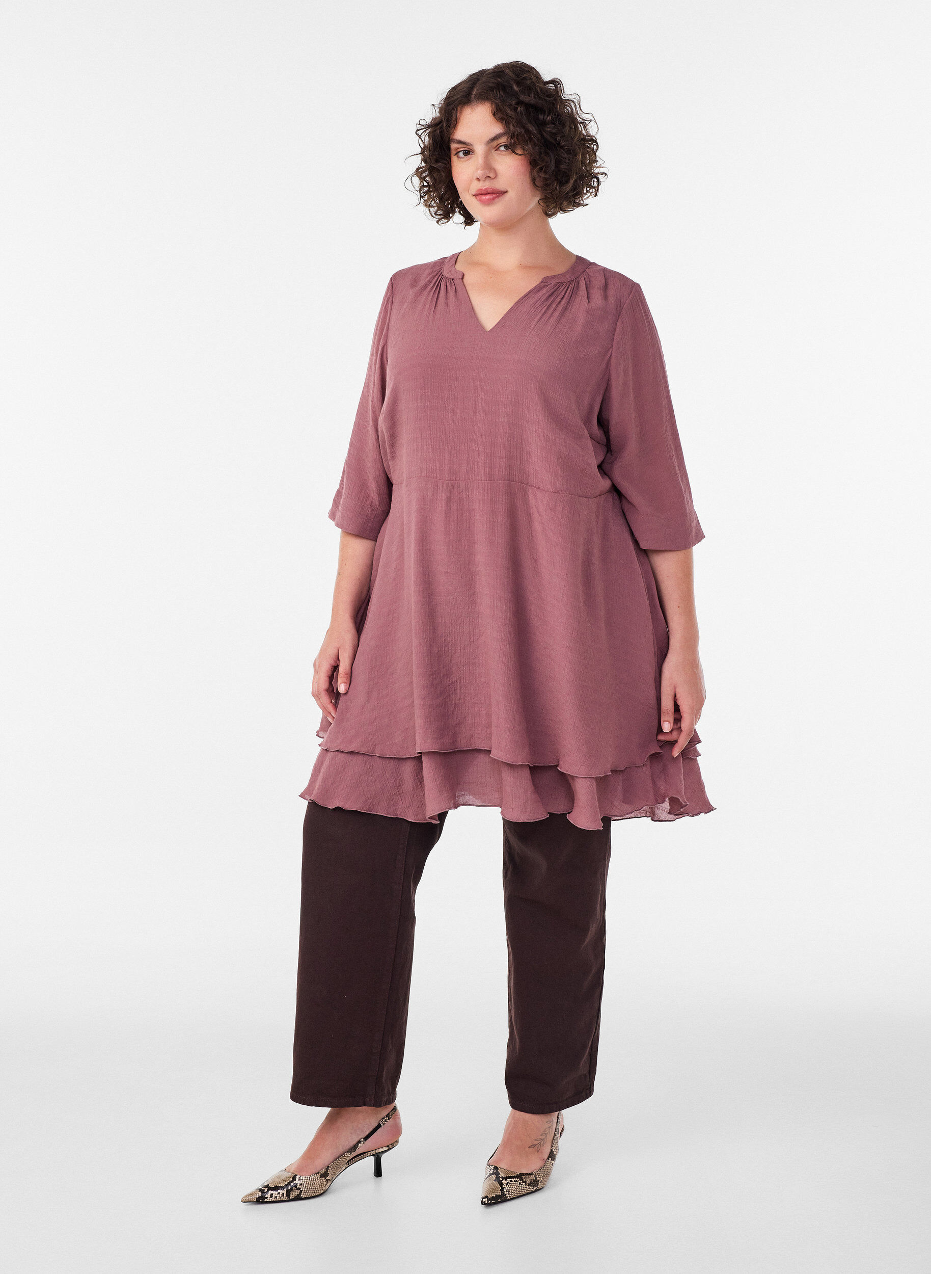 ZizzifashionA-line dress with layered ruffles, Rose, Model image number 1
