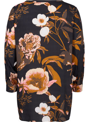 Floral tunic with long sleeves in viscose, Black Flower AOP, Packshot image number 1