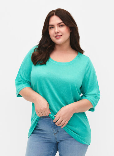 Blouse with 3/4 sleeves, Turquoise, Model image number 0