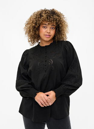 Blouse with ruffles and broderie anglaise, Black, Model image number 0
