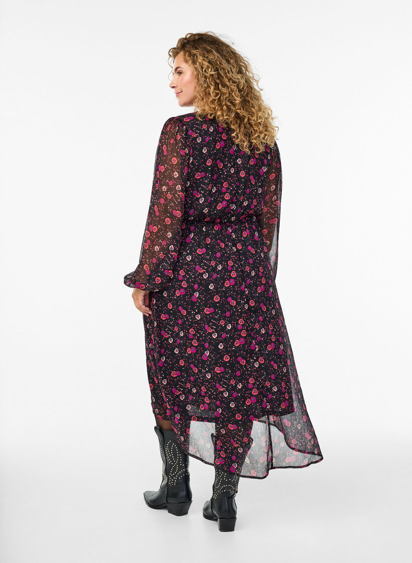 Chiffon dress with floral print and long sleeves, Black, Model image number 1