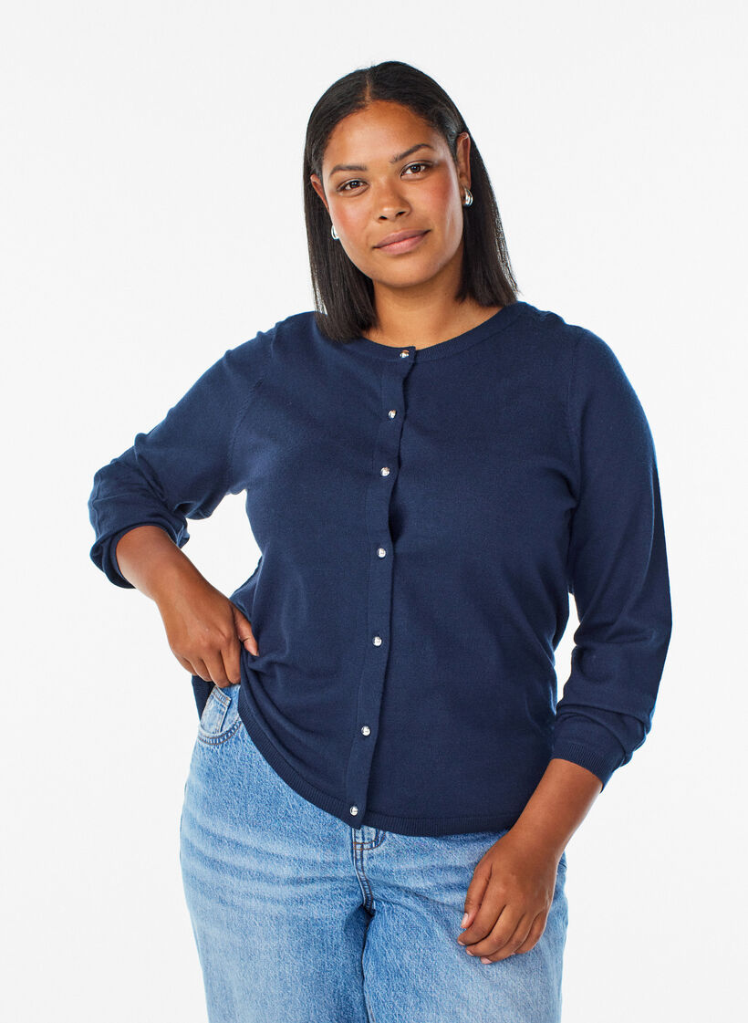 Cardigan with round buttons, Blue, Model image number 0