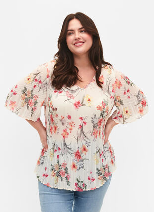 Pleated blouse in flower print, Sugar Swizzle Flower, Model image number 0