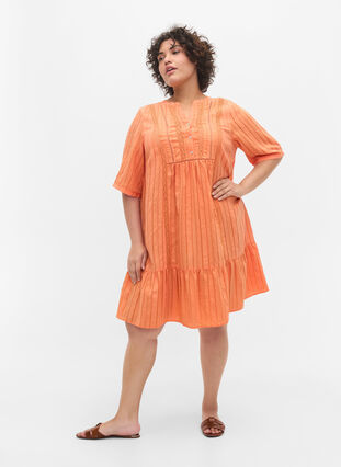 Striped viscose dress with lace ribbons, Nectarine, Model image number 2