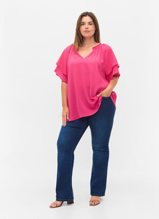 Short-sleeved v-neck blouse, Fuchsia Purple, Model image number 2