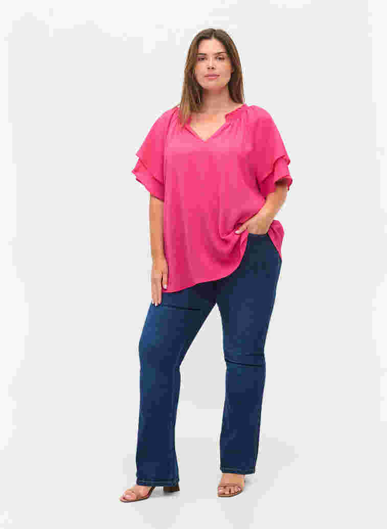 Short-sleeved v-neck blouse, Fuchsia Purple, Model image number 2