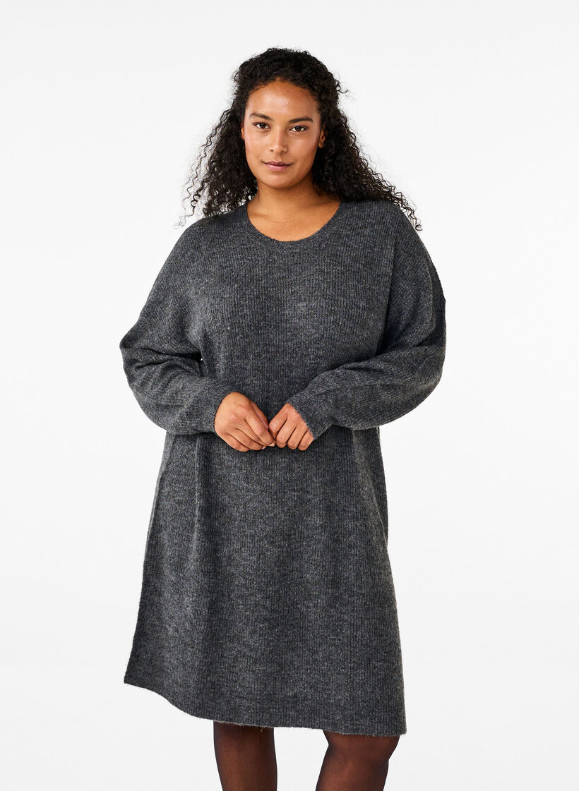 Long sleeved rib knit dress, Dark Grey Black Mel., Model image number 0