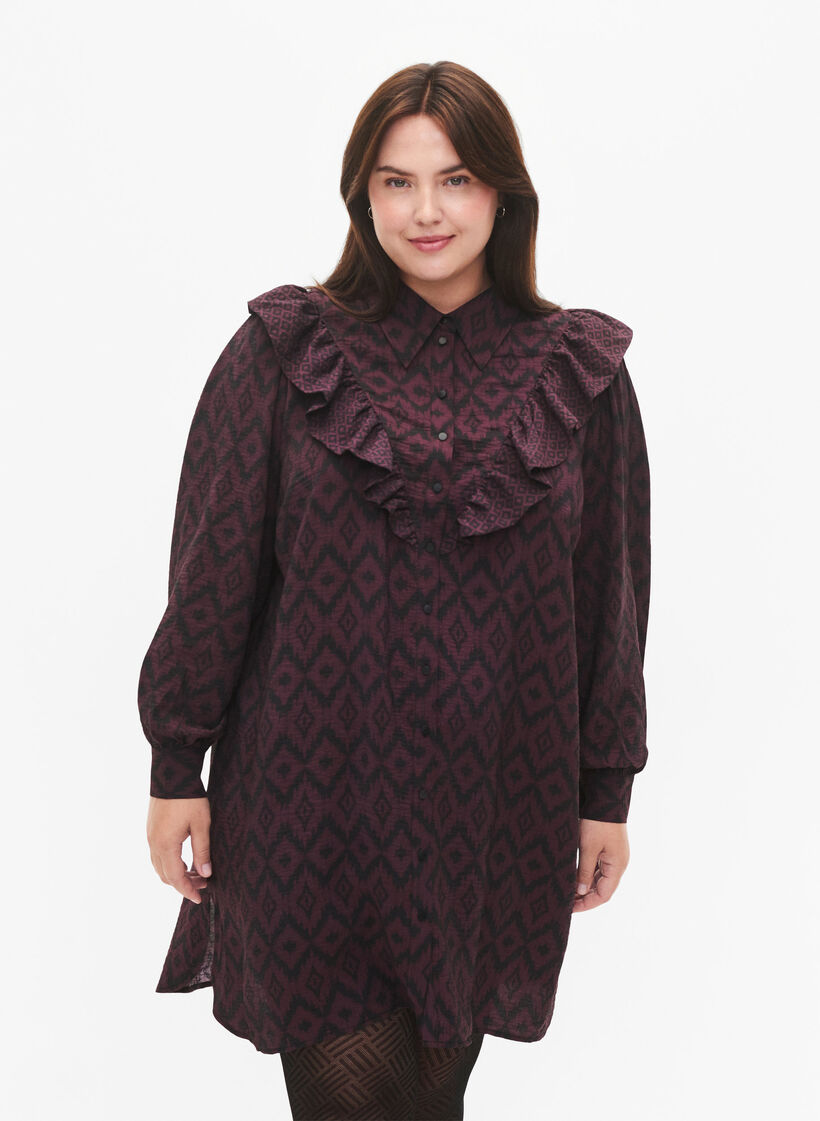 Long viscose shirt with print and frills, Winetasting w. Black, Model image number 0
