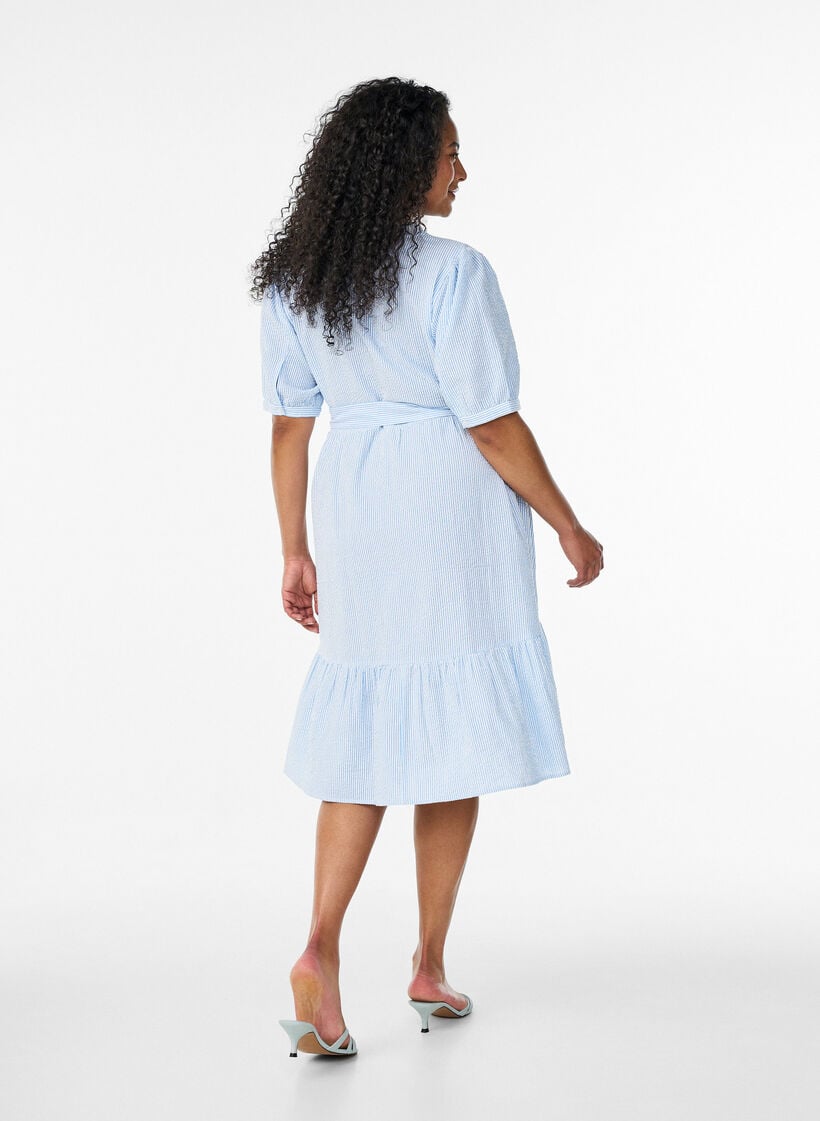 Striped midi dress in cotton with a tie-belt, White, Model image number 2