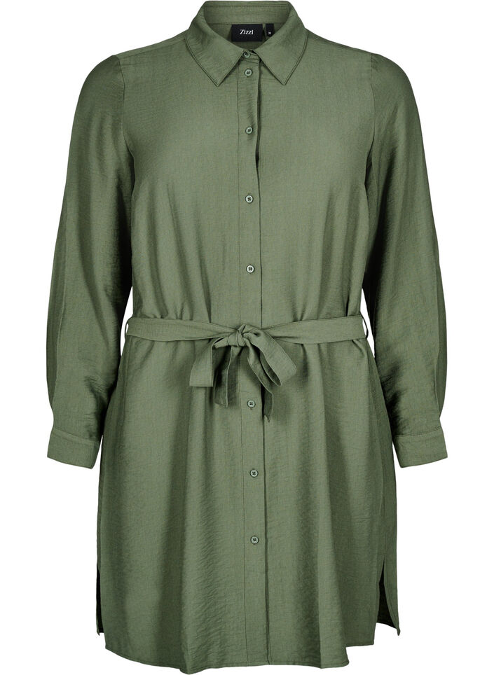Shirt dress with tie belt and long sleeves, Green, Packshot image number 0