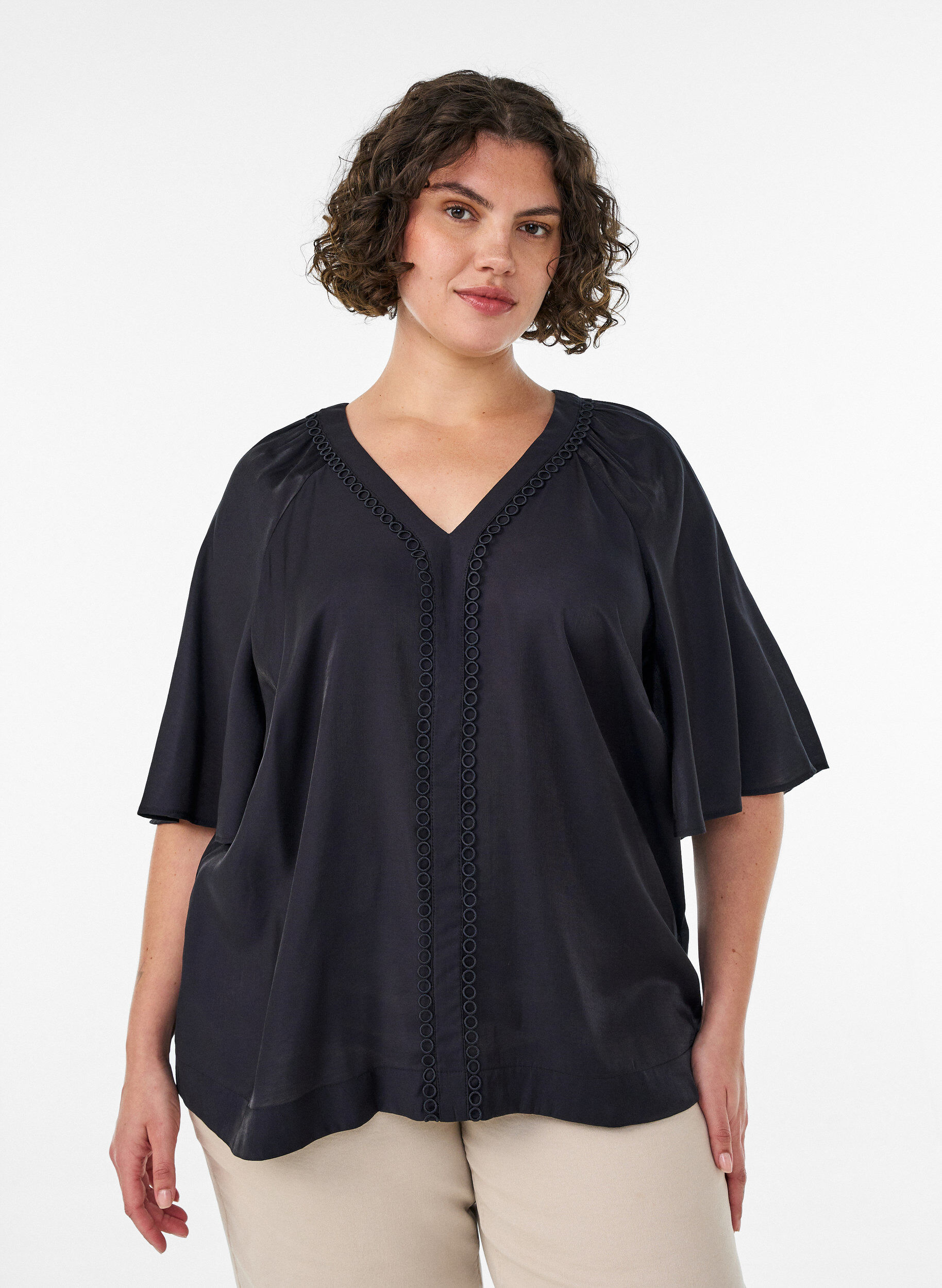 ZizzifashionViscose blouse with V-neck and decorative details, Black, Model image number 0