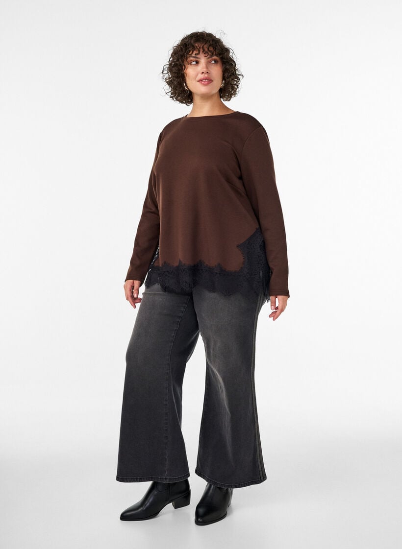 Jersey blouse with lace trim, Brown, Model image number 1