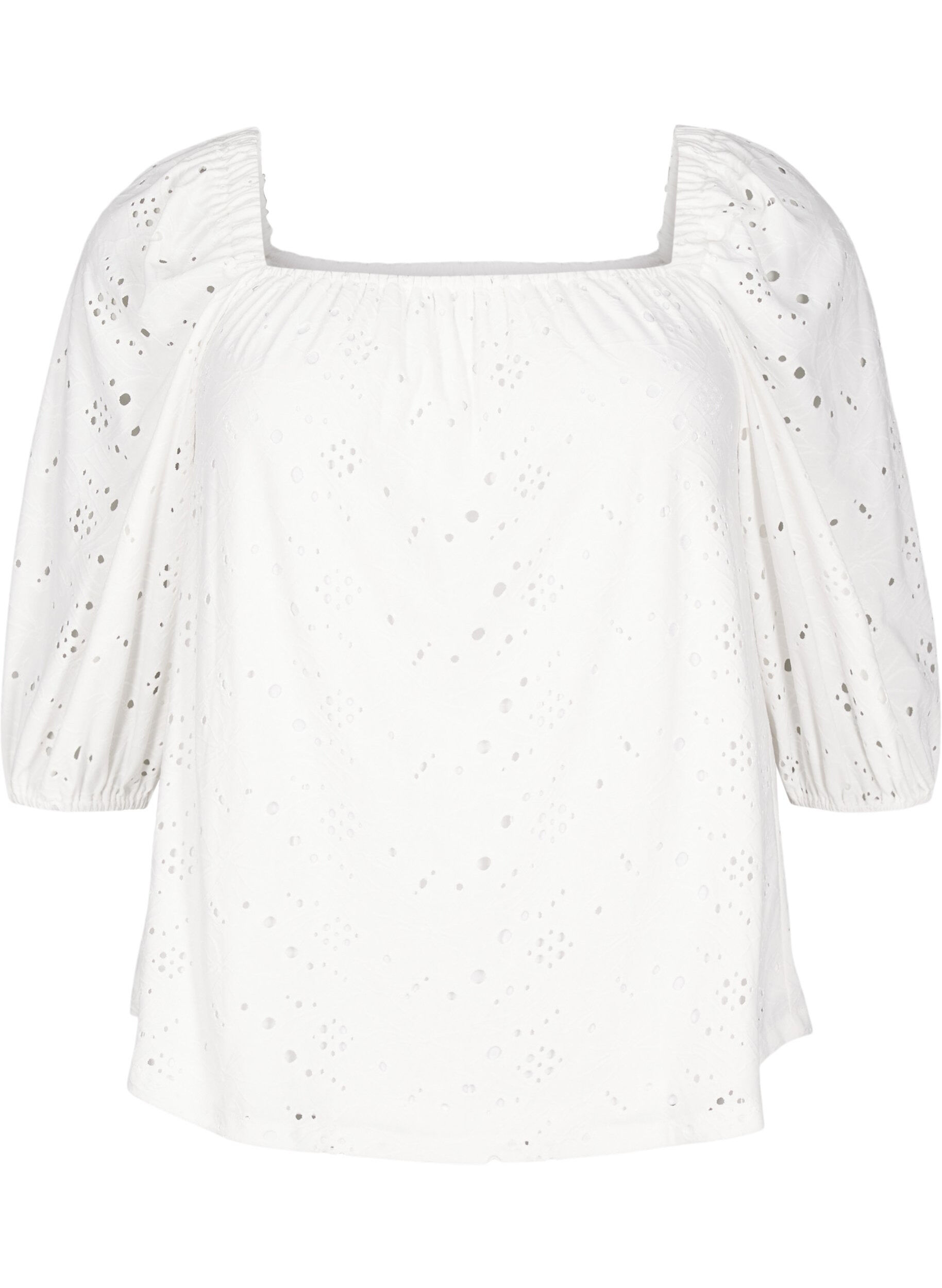 Blouse with short puff sleeves and an openwork pattern