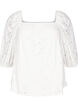 Blouse with short puff sleeves and an openwork pattern, White, Packshot image number 0
