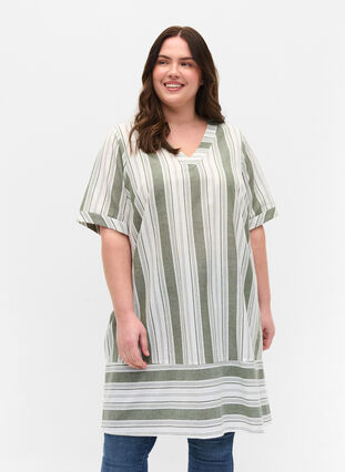 Striped cotton dress with short sleeves, Thyme Stripe, Model image number 0