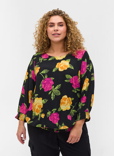 Floral viscose blouse with 3/4-length sleeves and smocking, Black Flower AOP, Model image number 0