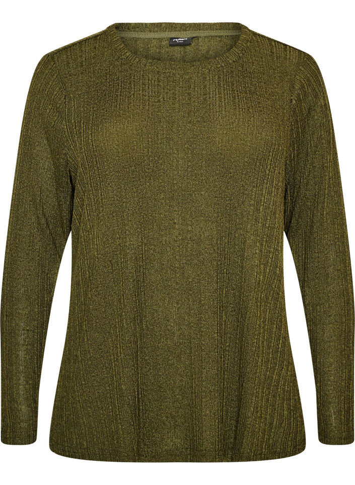 Jersey blouse with ribbed structure and long sleeves, Green, Packshot image number 0
