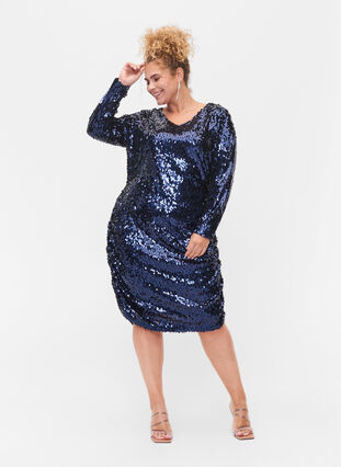 Dress with sequins and v-neckline, Evening Blue, Model image number 2
