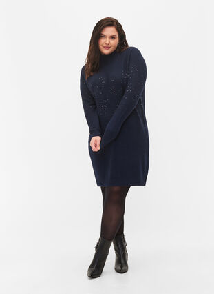 Knitted dress with high neck and sequins, Navy Blazer, Model image number 2