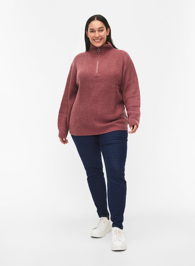 Knitted sweater with high neck and zipper, Red, Model image number 1